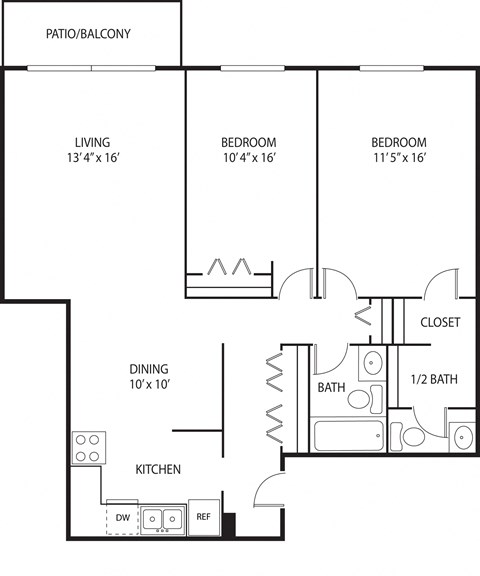 Floor plan for 2 beds, 1.5 baths, 1000 sqft